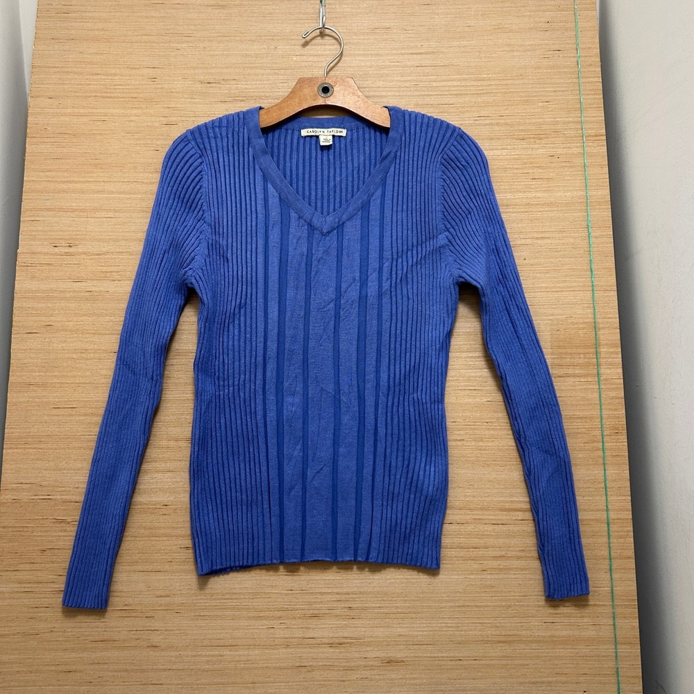 Carolyn Taylor Womens Blue Ribbed V-Neck Long Sleeve Knit Sweater Large 7385